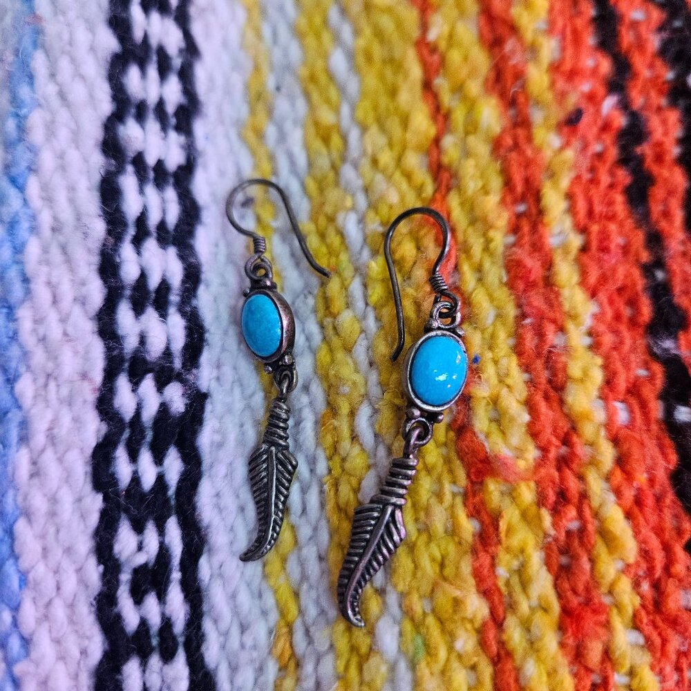 silver and turquoise feather dangle earrings